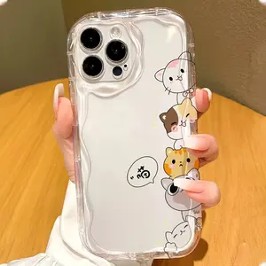 Transparent Cute Cartoon Cat Phone Case for iPhone 17/16/15/14/13/12/11 Pro Max/Pro/Air/Plus/Xs Girly TPU Shockproof Full Protection Cover Durable Wave Design with Cat Print & Creamy Wave Edges Protective Casing Cellphone Smartphone Protector