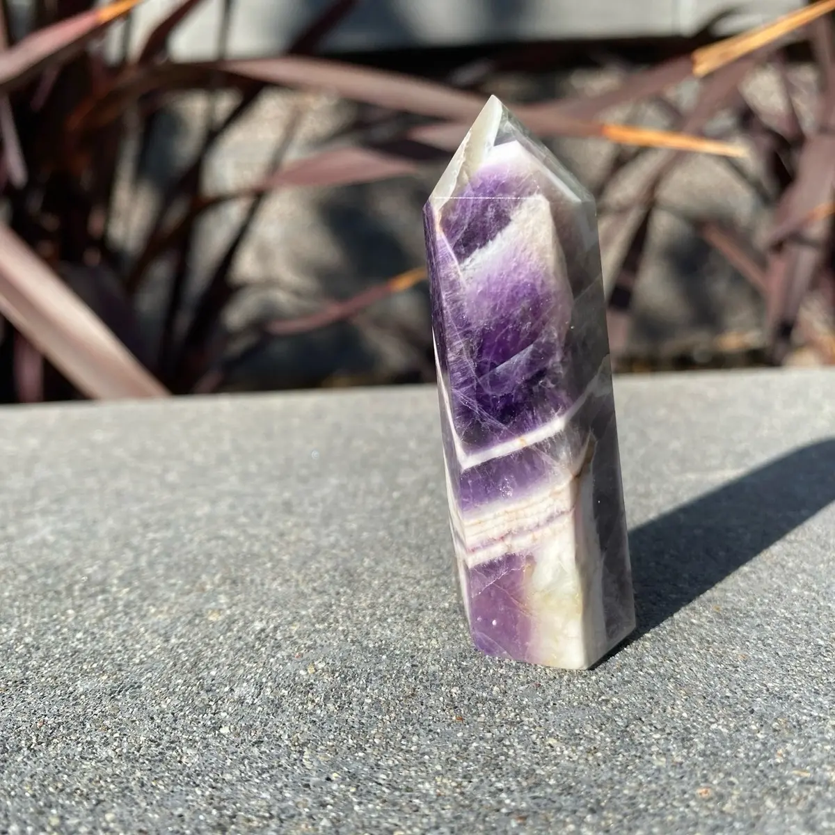 Chevron Amethyst Tower | 2.5’’ Purple Chevron Striped Medium Altar Tower