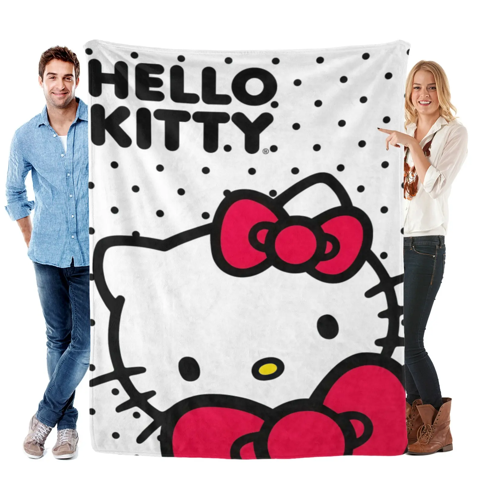 Sanrio Black Dot Hello Kitty Blanket, Soft Fleece Kawaii Hello Kitty Throw Blanket, For Teen Bedroom