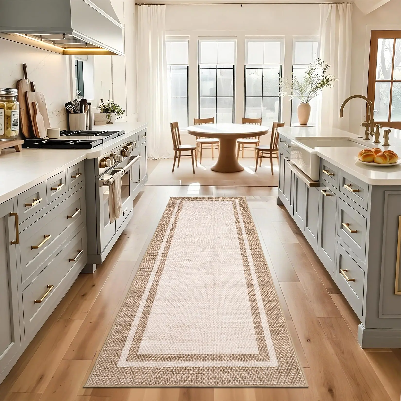 Garvee 2x6 Washable Runner Rug with Non Slip Backing, Modern Neutral Entryway Design, Minimalist Bordered Print, Soft Non-Shedding Carpet Mat for Hallway and Kitchen, Beige