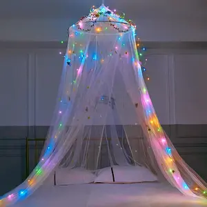 Bed Canopy for Girls Room Curtains with Led Lights Mosquito Net DIY Princess Room Décor with Stars Butterflies for Kids Bedroom, White
