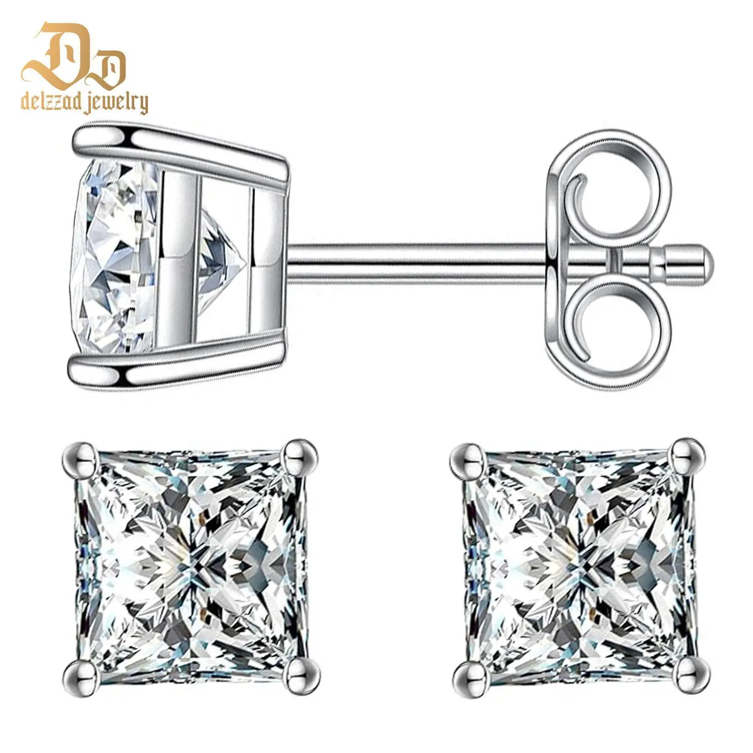 Delzzad S925 Princess Cut Stud Earrings Lab-Created Moissanite Stud Earring Moissanite Jewelry Perfect Birthday Mother's Day Christmas Gift for Men Women Wedding Set