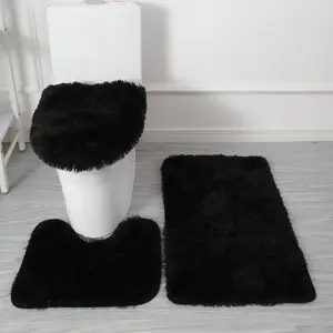 Black Rugs Sets 3Piece Bath Mat Bath Rug Mats Washable Shower Rug with U-Rug Lid Cover