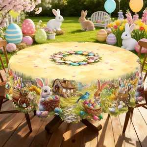 BLIOWL Easter Themed Tablecloths For Spring,Featuring Rabbits And Egg Garlands, Available In 60Inch Round And 60×86-Inch Rectangular Sizes,Perfect For Spring And Summer Holiday Parties And Table Decorations