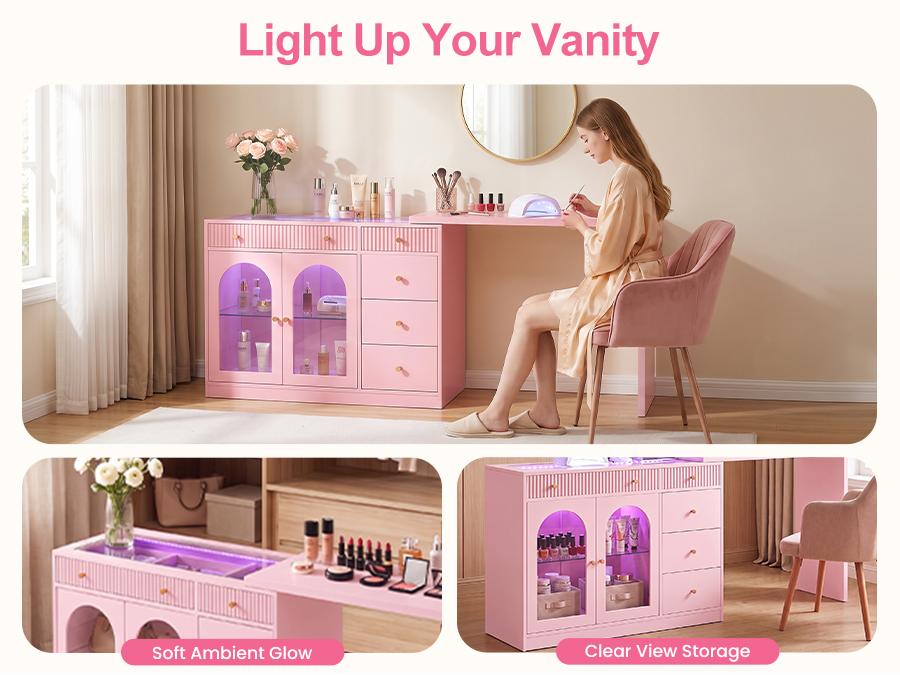 RoyalCraft 59''/75'' Makeup Vanity Desk with Lights, Rotatable & Extendable Dressing Table with Tempered Glass Top, L-shpaed Corner Vanity Table with Drawers and Doors, Perfect for Bedroom, Dressing Room, Pink/Black/White/Beige