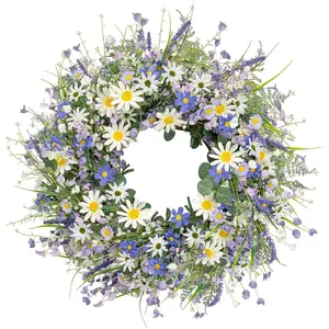 22 Inches Blue Summer Front Door Wreath Spring Floral Wreath with Wildflower Lanvender for Wall Porch Indoors Outdoor Window Home Decorations