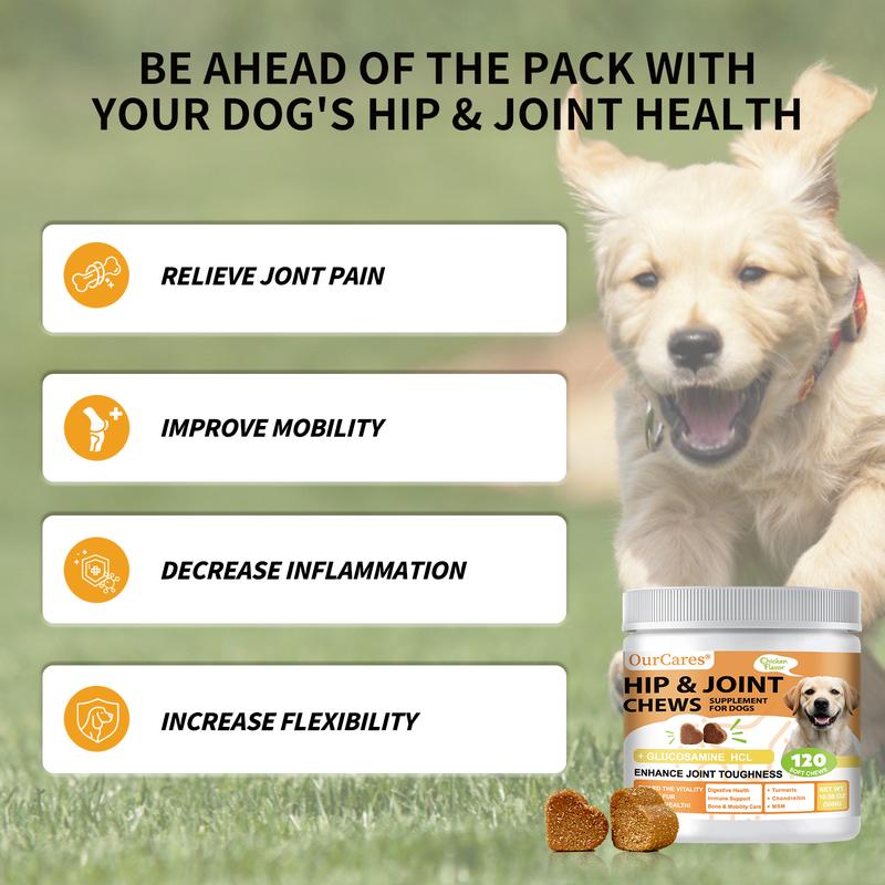 OurCares  Hip and Joint for Dogs Glucosamine for Dogs Hip and Joint Supplement with Chondroitin MSM Vitamins C & E - Chicken Flavor 120 Soft Chews Pet Daily Chews Snacks