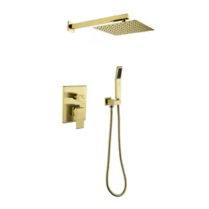 Hdmw Brushed Gold Shower System, Bathroom 10 Inches Rain Shower Head with Handheld Combo Set, Wall Mounted High Pressure Rainfall Dual Shower Head System, Shower Faucet Set with Valve and Trim