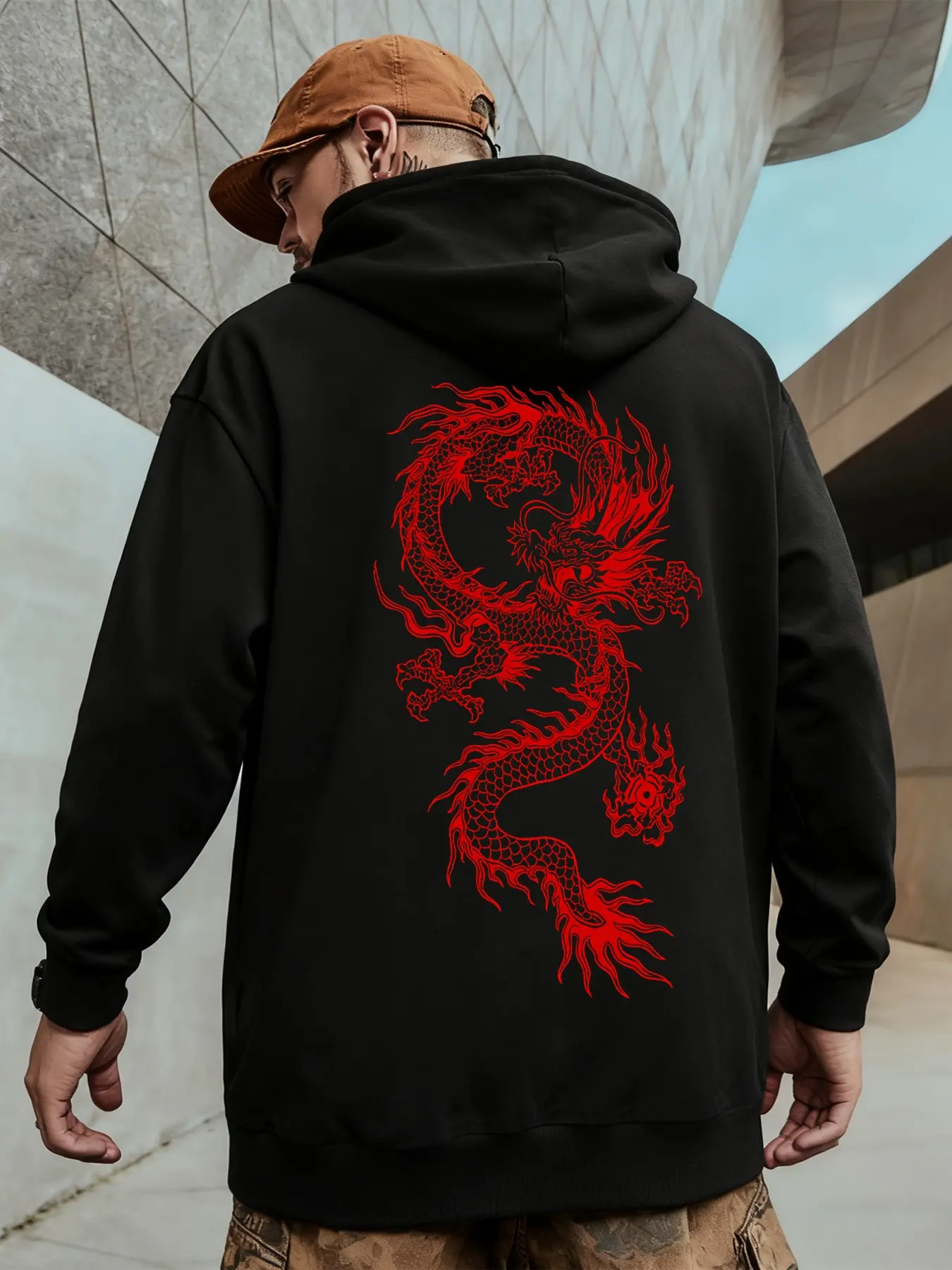 Trendy Dragon Graphic Pattern Drawstring Long Sleeve Oversized Hoodie, Comfortable Fashionable Men's Hooded Sweatshirt for Fall & Winter, Casual Warm Loose Fit