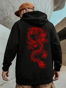 Trendy Dragon Graphic Pattern Drawstring Long Sleeve Oversized Hoodie, Comfortable Fashionable Men's Hooded Sweatshirt for Fall & Winter, Casual Warm Loose Fit