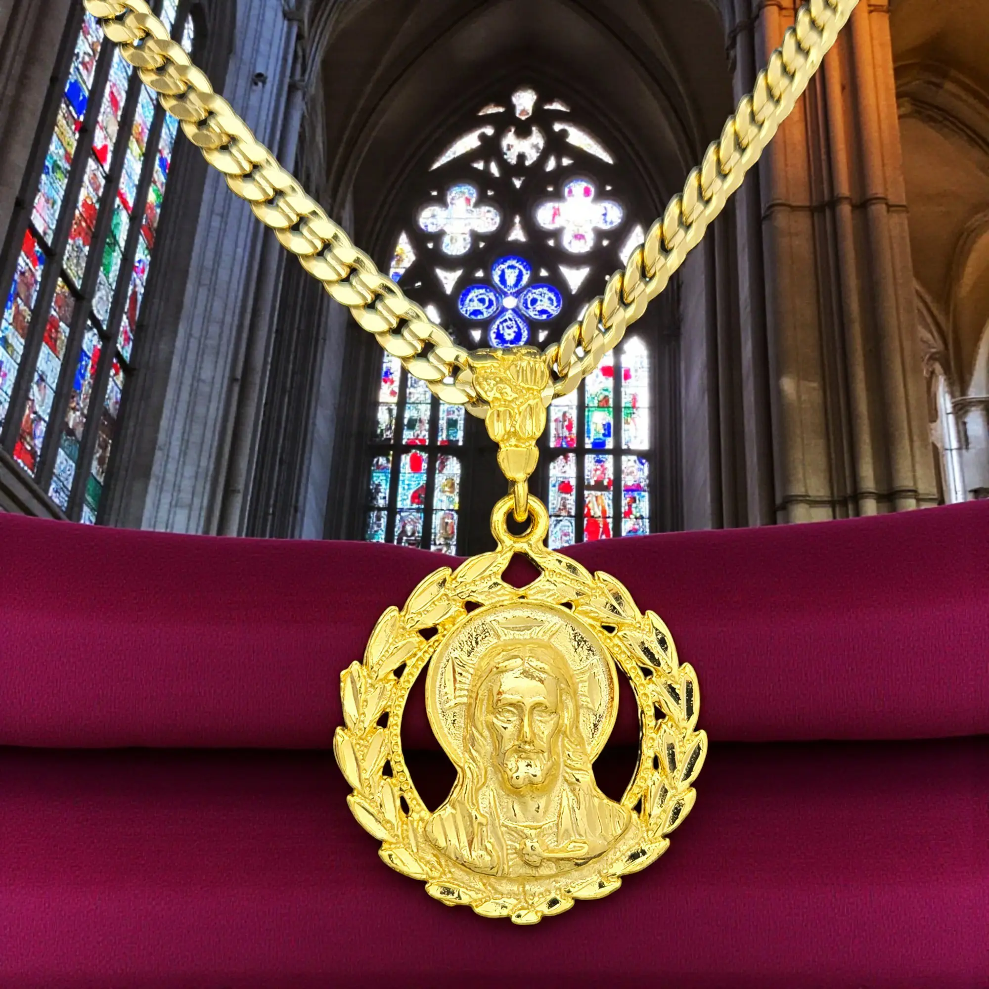 MaxBling81 High-End Jesus Crown Medal Religious Charm Pendant, 14K Stamp Brass 6mm Cuban Chain Necklace (20" or 24"), Hip Hop Celebrity Style Daily Wear - GA7844
