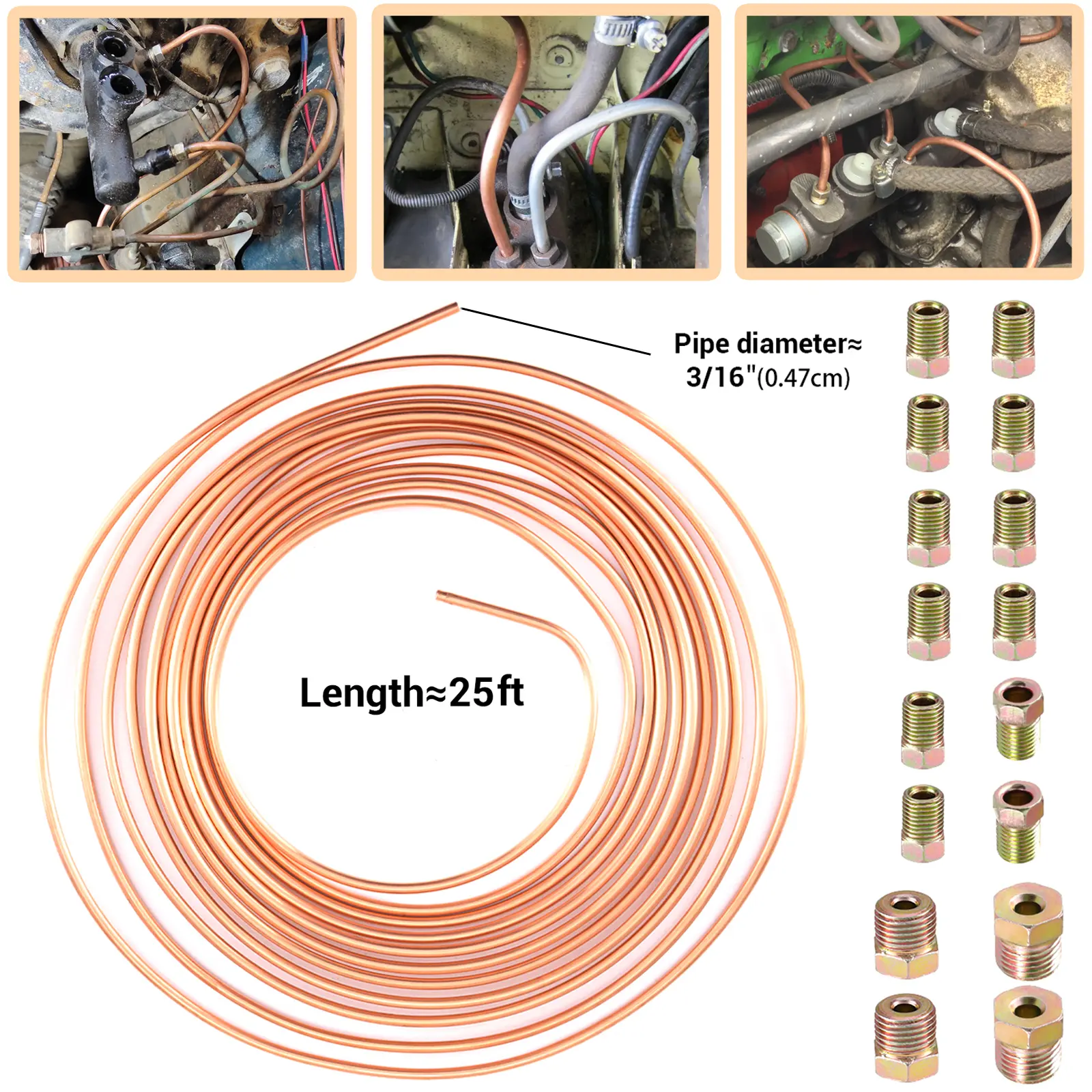 Copper Nickel Brake Line Tubing Kit 3/16 OD 7.5M Coil Roll with 16 All Size Fittings