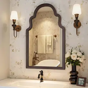 40"x24" Walnut Arched Mirror with Solid Wood Frame, Mid-Century Modern Rustic Dark Brown Wooden Mirror for Wall, Boho Style Vanity Decor for Living Room, Bedroom, or Entryway