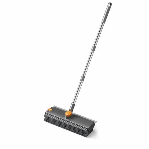2-in-1 Adjustable Squeegee Broom Cleaning Supply - Extendable Stainless Steel Handle Home Cleaning Tool with Rotates 360° Head, Stiff Bristles & Built-in Lint Hair Remover for Grout, Bathroom Grout Clean