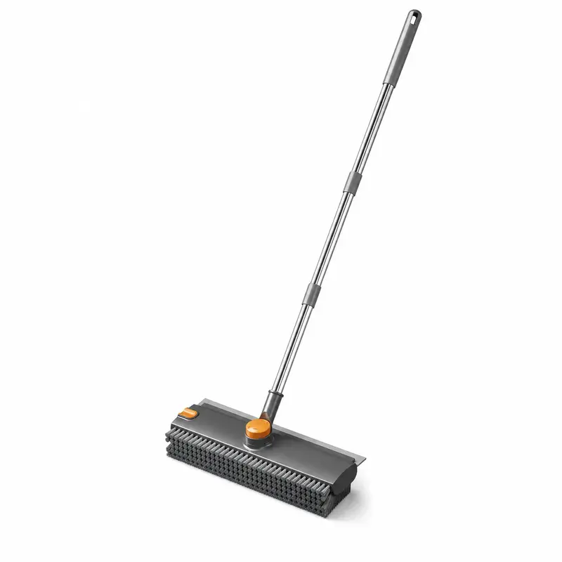 2-in-1 Adjustable Squeegee Broom Cleaning Supply - Extendable Stainless Steel Handle Home Cleaning Tool with Rotates 360° Head, Stiff Bristles & Built-in Lint Hair Remover for Grout, Bathroom Grout Clean