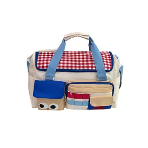 2026 Color Block Travel Bag, Literary Cute Grid Stitching Handbag, Multi-Wear Large Capacity One Shoulder Bag