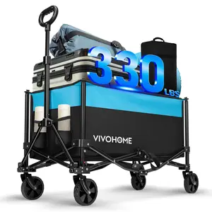 VIVOHOME Collapsible Wagon Carts, 330lbs 170L Utility Heavy Duty Foldable Wagons with Universal Wheels, Cup Holders & Side Pocket, Adjustable Handle, for Camping, Gardening, Sports, Picnic, Shopping, Beach