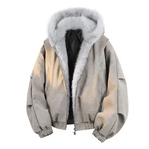 Men's Winter New Mountain Carving Hooded PU Leather Jacket, Large Fur Collar, Thickened Fleece Lining, Casual Loose Fit, Pockets, Outdoor Sports