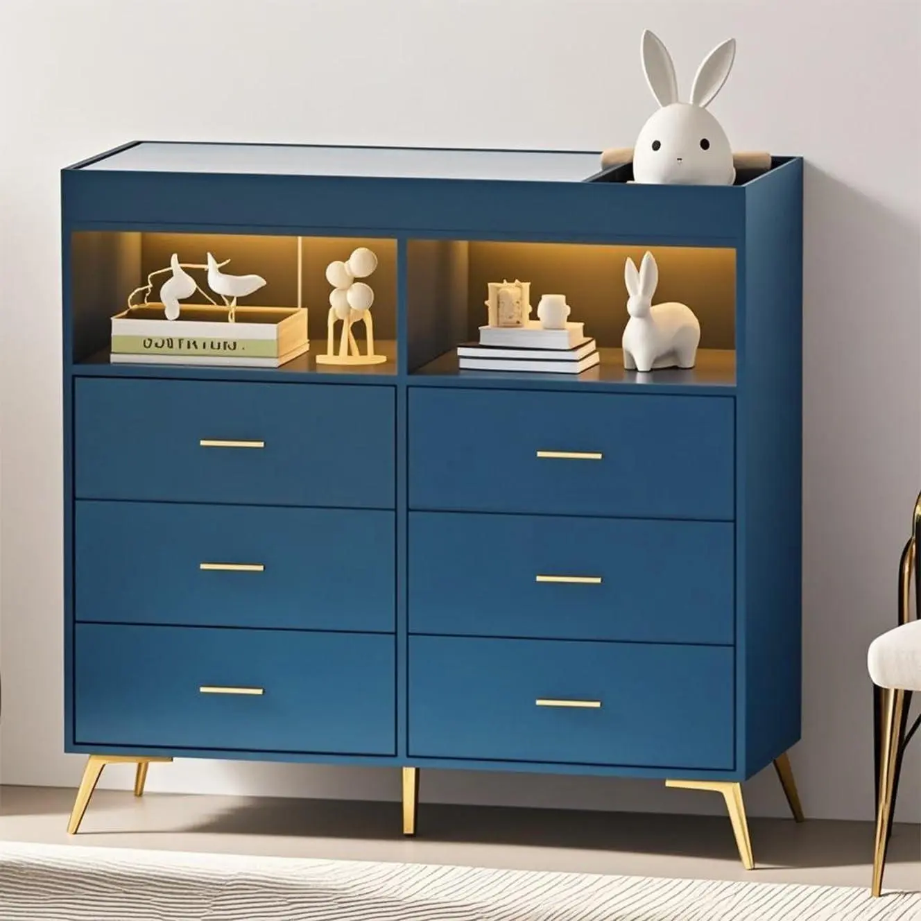 Changing table dresser for babies with 6 drawers, baby nursery dresser, LED lights and charging station — multifunctional nursery dresser with removable changing top, anti-tip design, blue