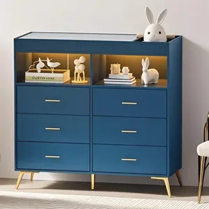 Baby Changing Table Dresser with 6 Drawers, Baby Nursery Dresser, LED Lights & Charging Station – Multifunctional Nursery Dresser with Removable Changing Top, Anti-Tip Design, Blue