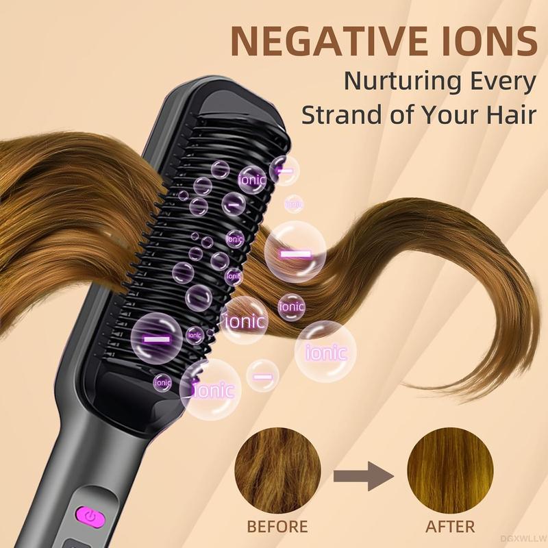 Hair Straightener Brush, Negative Ion Straightening Comb for Women, 10s Fast Heating, 4 Temp Modes 320°F–428°F, LED Display, Auto-Off, Dual Voltage, Black