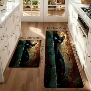 Abstract Black Cat Kitchen Rug Set, Oil Painting Kitten Non-Slip Washable Floor Mats, Artistic Animal Runner Rugs for Kitchen, Living Room & Cat Lover Home Decor