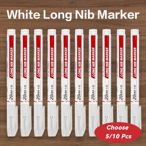 High-Quality White Plastic Body Deep Hole Marker Pens - 5/10 Pcs Optional, 20mm Nib, 14cm, Waterproof Quick-Dry Office Stationery for Carpenters, Furniture Decoration, Marks Wood/Metal & Smooth Surfaces (Shake Before Use), Long Nib Markers, 10X/Set