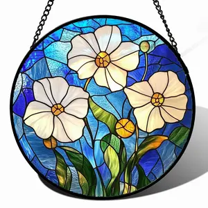 Blue Pink Wildflowers Stained Glass Suncatcher for Window Hanging, Floral Sun Catcher for Door Garden Home Decor Gift for Women Mom