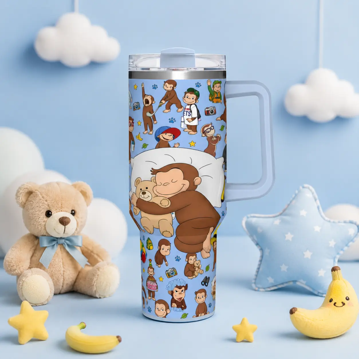 1 Pc 40oz Curious George Insulated Travel Tumbler with Handle & Straw, Double Wall Stainless Steel Mug, Leak-Proof Lid, Large Water Bottle