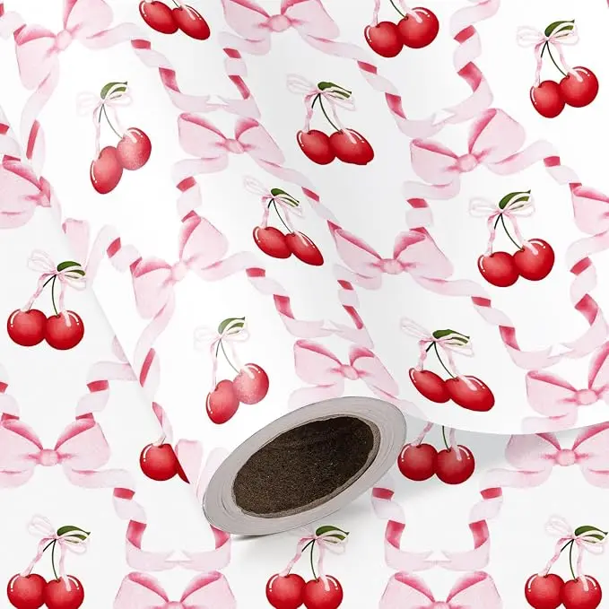 WRAPAHOLIC Cherry Bow Wrapping Paper Roll, Coquette Pink Gift Wrap with Cute Cherry & Bow Design, Perfect for Girl Birthday Gifts, Valentine’s Day, Bachelorette Party & Special Occasions,17 Inch x 16.5 Feet