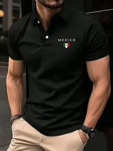 Men's Slim Fit Mexican Theme Short Polo Shirt, Mexico Slogan & Flag Heart Print, Soft Fabric, Casual Street Style Fashion Top