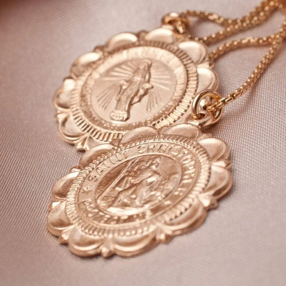 Saint Christopher Coin Medallion Necklace 14k Gold Filled Chain with Intricate Scalloped Edges & Jesus Detail Perfect Gift for Mom Daughter Christmas Catholic Travel Protection Jewelry