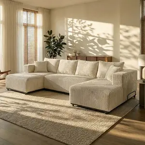 132" U-shaped Modular Velvet Sofa Modern Living Room Comfortable No Assembly Required Popular Non-rigid Combination Sofa furniture friendly pet couch Flannelette Corner white cloud Corduroy Chenille