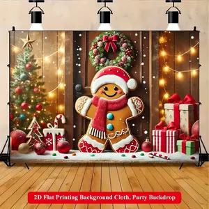 2D Flat Printing Backdrop Banner 1pc, Christmas Gingerbread Man And Gifts Vibrant Polyester Background Cloth for Family Party, Wedding, Birthday, Christmas, Thanksgiving, Fall, Entryway, Room Decorations, Party Decorations Banners, Easy to Set Up