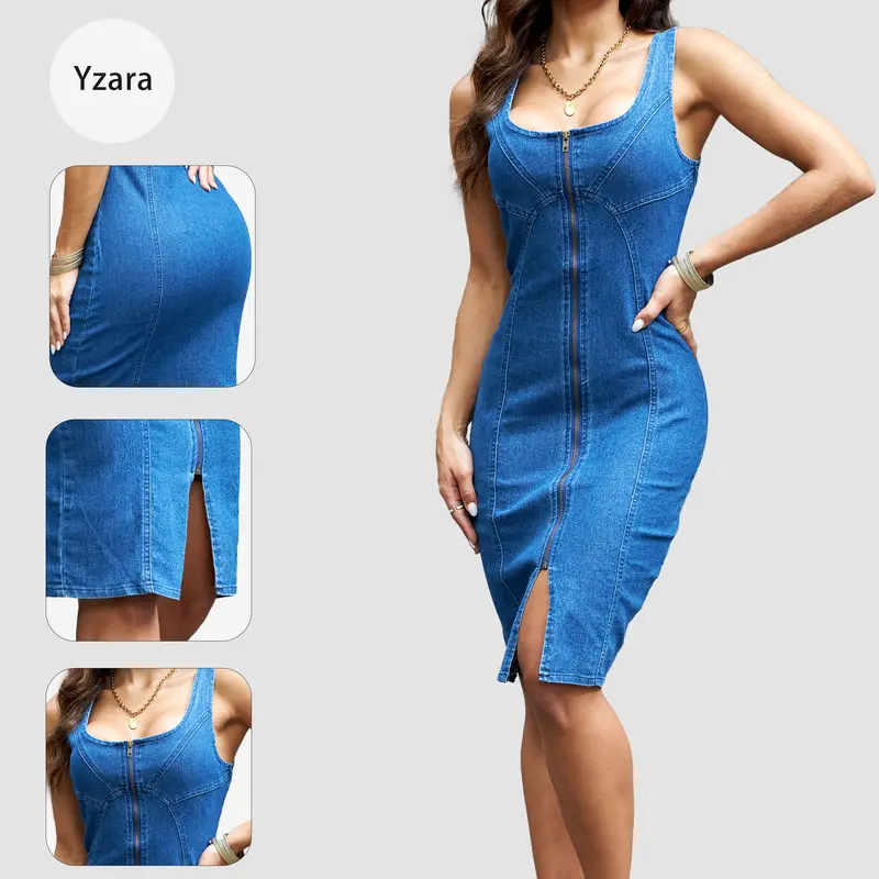 Women's Minimalist Fitted Sleeveless Scoop Neck Zipper-Front Denim Dress - Soft Washed Elastane Fabric, Low-Stretch Hold Bodycon with Slit, Lightweight Breathable Style for Casual Summer Wear, Check Size Chart, Cold Wash, No Dry Clean