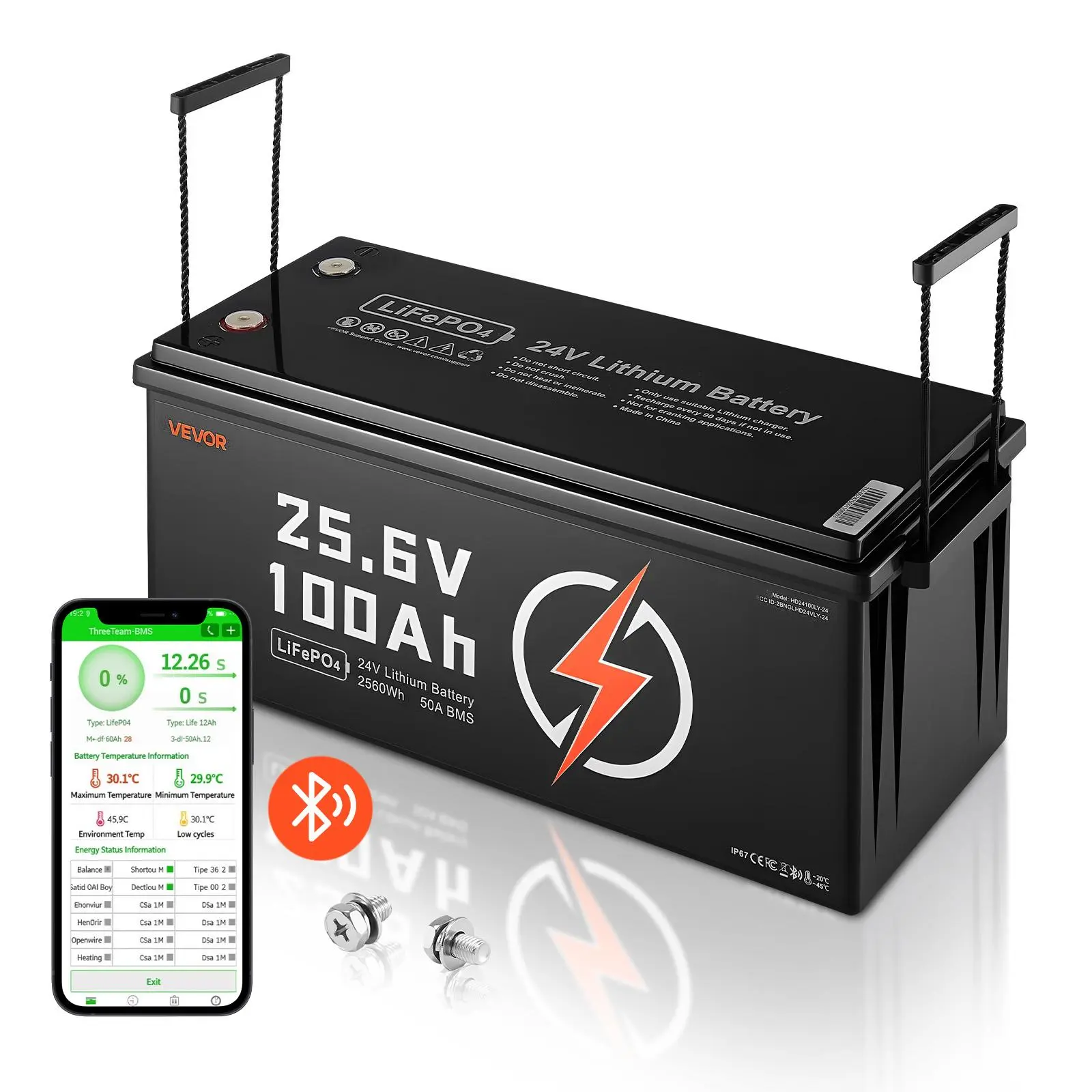 【Summerfinds】VEVOR 24V 100Ah/200Ah LiFePO4 Lithium Ion Battery, Bluetooth Deep Cycle Rechargeable Pack with Built-in 50A BMS, Low Temp Safe Protection, 4000+ Cycles, 2560Wh Max, Expandable Storage for RV Camping, Travelers, Golf Carts