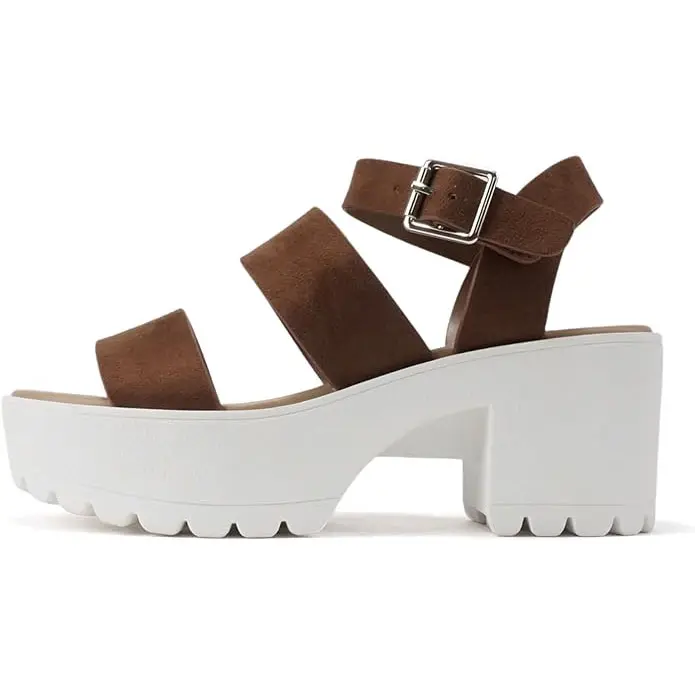 Soda ACCOUNT Women's Open Toe Block Heel Platform Sandals with Adjustable Ankle Strap - Cognac Suede - Size 9