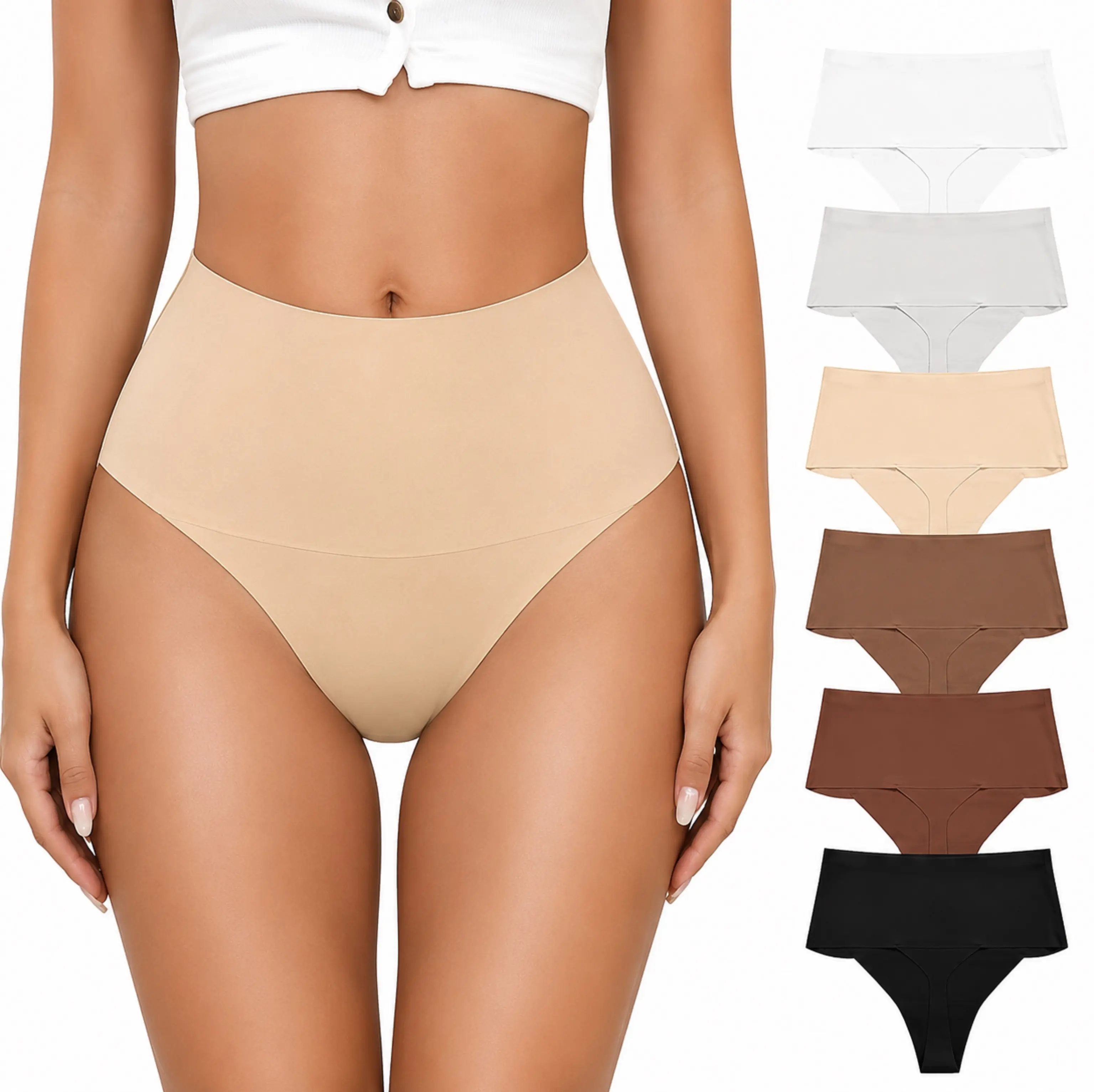 6-Pack Women's High-Waist Thong Panties, Seamless High-Cut No-Show Soft Breathable Cotton, Jeans, Panty