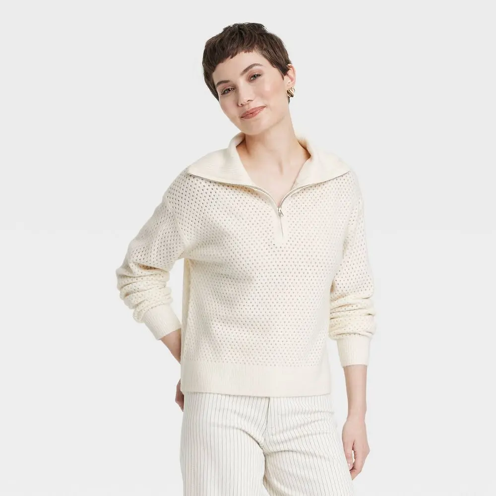 Women's Quarter Zip Collared Pullover Sweater - Universal Thread Cream XL