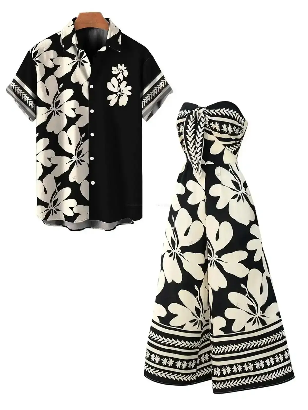 Hawaii Vacation Couple Outfit Plumeria Floral Tribal Print Twisted Cut Out Bowknot Slit Halter Dress and Shirt Set Sleeve Womenswear, Trendy Look, Daily Essential, Wardrobe Staple, Modern Design, Easy Styling formal chic