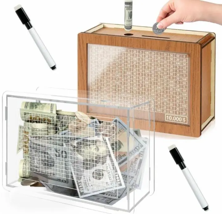 Wooden Safe Piggy Bank Cash Vault Box - Wood-Constructed Safe with Numbered Grid, Money Target Counter, Savings Goal Tracker - Home Decor, Room Accessories, 10000 Savings Gift for Friends, Safe Piggy Banks