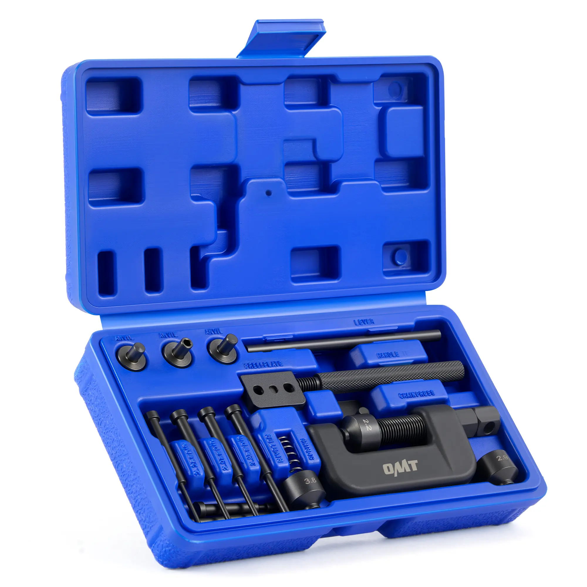Orion Motor Tech 20PCS Motorcycle Chain Breaker and Riveter Tool Kit, 1045 Carbon Steel C-Frame Chain Splitter Cutter with 5 Pins & 2.2-3.8 mm Tips for Cam, #25-#35 & #428-#630 Chains, Bikes and ATVs
