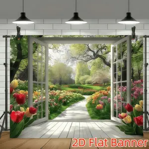 1PC Polyester 2D Flat Custom Backdrop Banners - Summervibes, Spring Garden Door & Window Scenic Design, Romantic Flower Path Theme, for Birthday & Wedding Party Photography Decorations