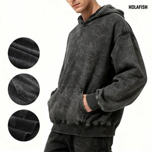 Holafish Unisex Oversized Ribbed Kangaroo Pocket Hoodie Pullover, Men's Tops, Fall Acid Wash Preppy Street Style Vintage Streetwear Sweatshirt