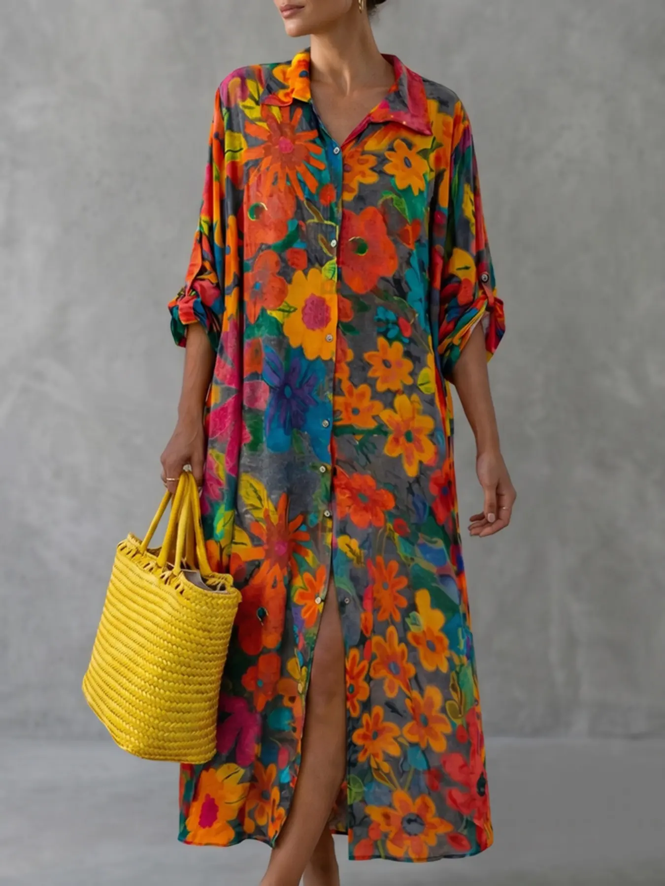 Half Sleeve Loose Button Front Floral Print Split Hem Turn-Down Collar Long Shirt Dress, Casual Boho Sundresses Soft Fashion Women's Clothing Beach Dresses