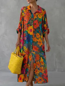 Half Sleeve Loose Button Front Floral Print Split Hem Turn-Down Collar Long Shirt Dress, Casual Boho Soft Fashion Women's Clothing Beach Dresses