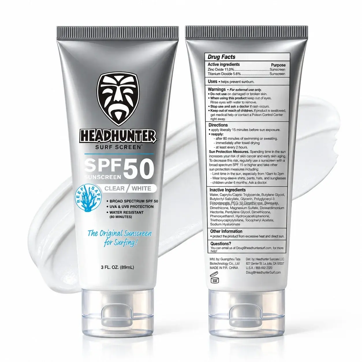 Headhunter Surf Screen SPF 50 Clear White 3 FL OZ Broad Spectrum Water Resistant Sunscreen for Surfers and Beachgoers