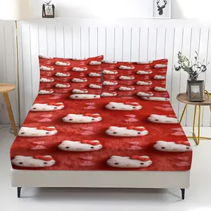 3-Piece Set Of Hello Kitty Patterned Bed Sheets With Comfortable Printed Patterns, Including 1 Bed Sheet And 2 Pillowcases, Comfortable Bedding, Non Slip Suitable For Bedrooms And Guest Rooms, Suitable As a Gift, Soft Bedding Sheet