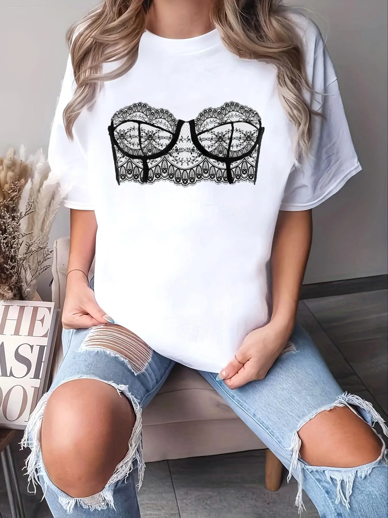 Corset Graphic Print Tshirt, Casual Loose Fit Top with Round Neck and Short Sleeves, 100% Super Soft Cotton, Streetwear, Style, Tops, Machine Wash, Do Not Bleach, Loose-Fitting, All Seasons, Party, Tumble Dry, Women, Printed, Small, Jackets, Shortsleeve
