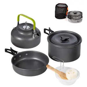 Aluminum Outdoor Camping Cookware Set, Folding Cookset Camping Teapot and Pans Set Equipment，Lightweight Pots, Pans with Mesh Set Bag for Backpacking, Hiking, Picnic